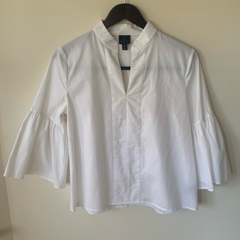 Worthington high collar v neck flare bell sleeve white women’s top SZ M